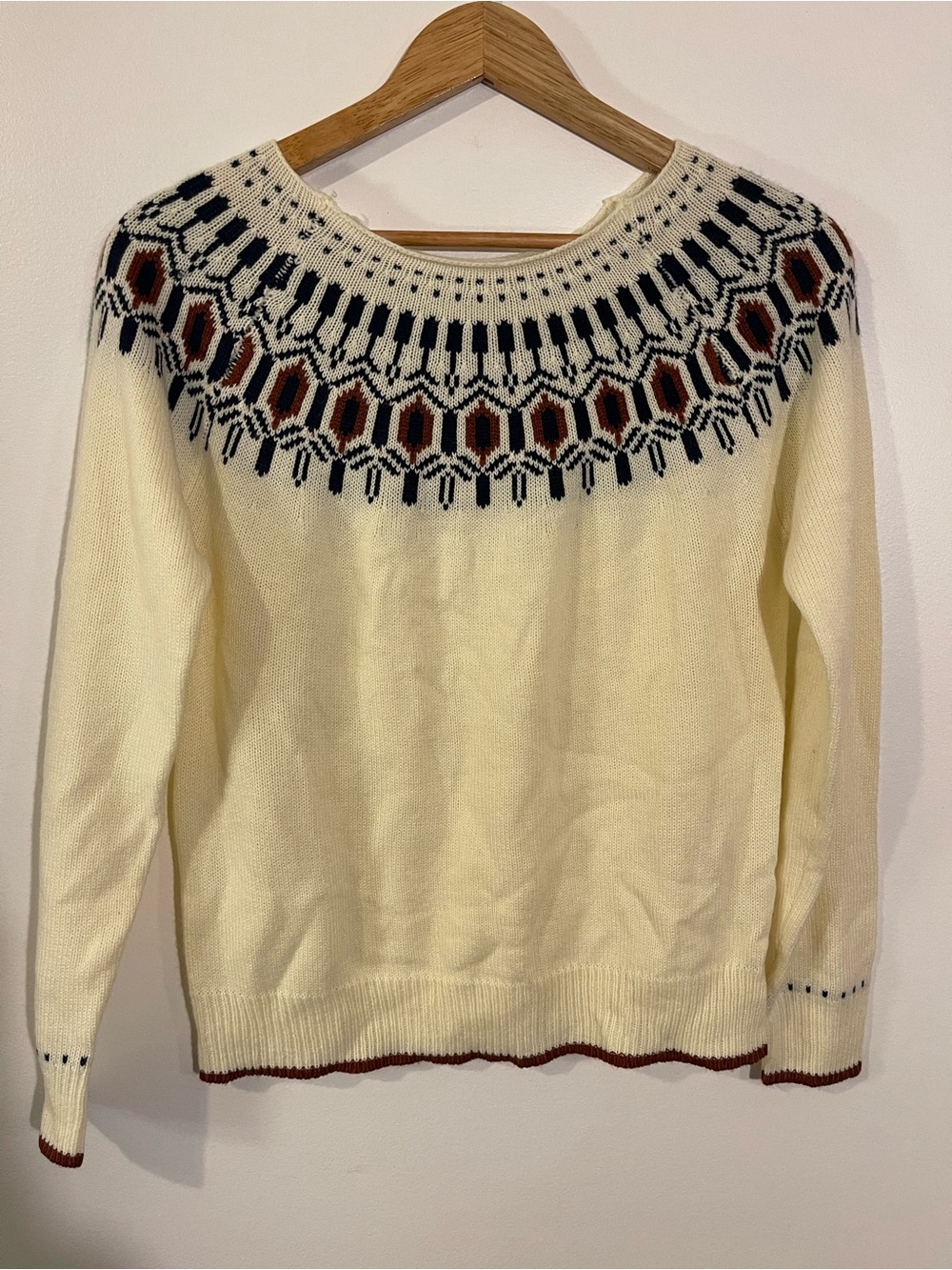 Unbranded Fair Isle Pattern Yoke Knit Crewneck Sweater Cream Brown Repaired
